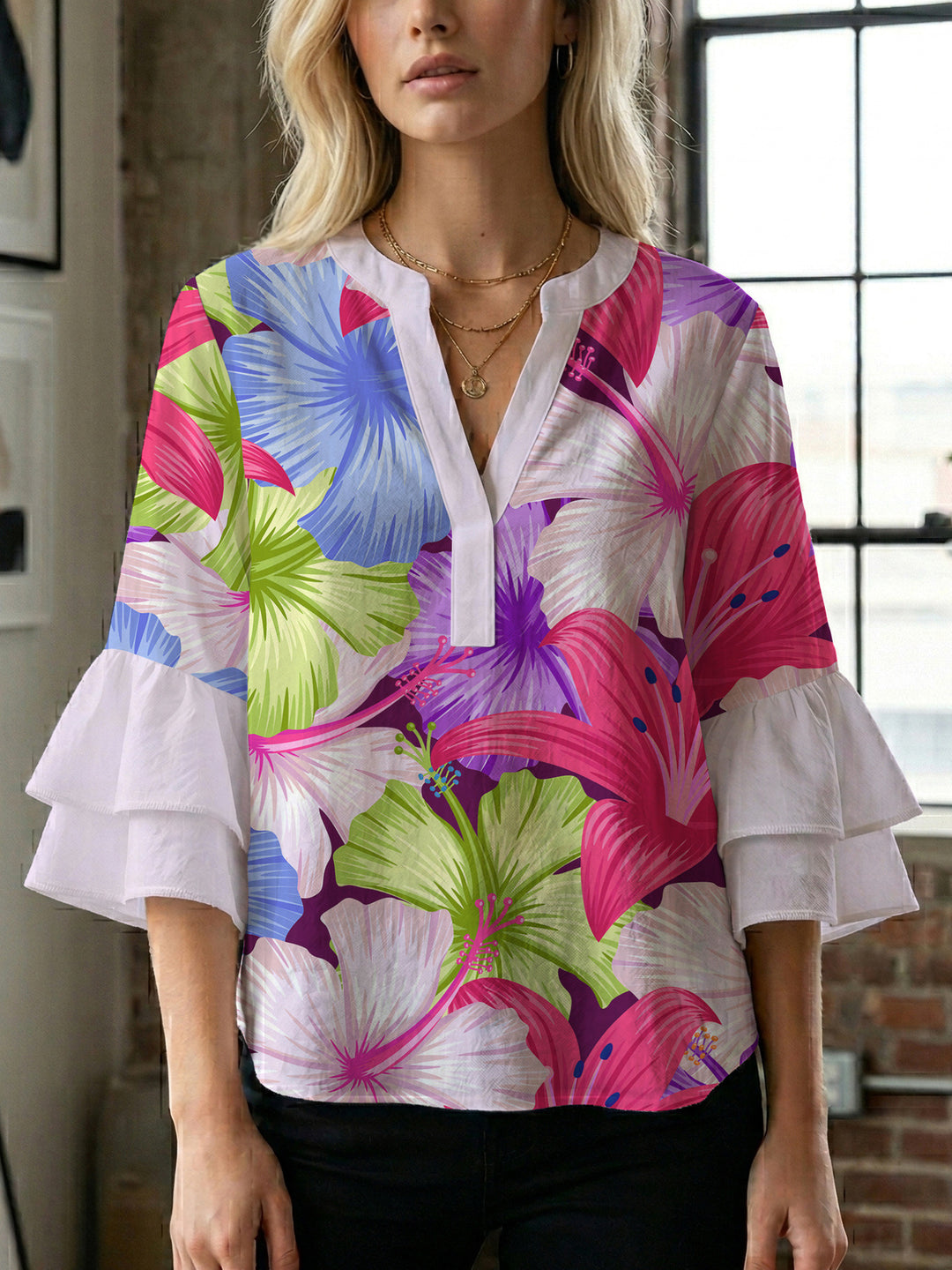 Dame bluse skjorte med voluminøse ermer og blomster mønster Skjora