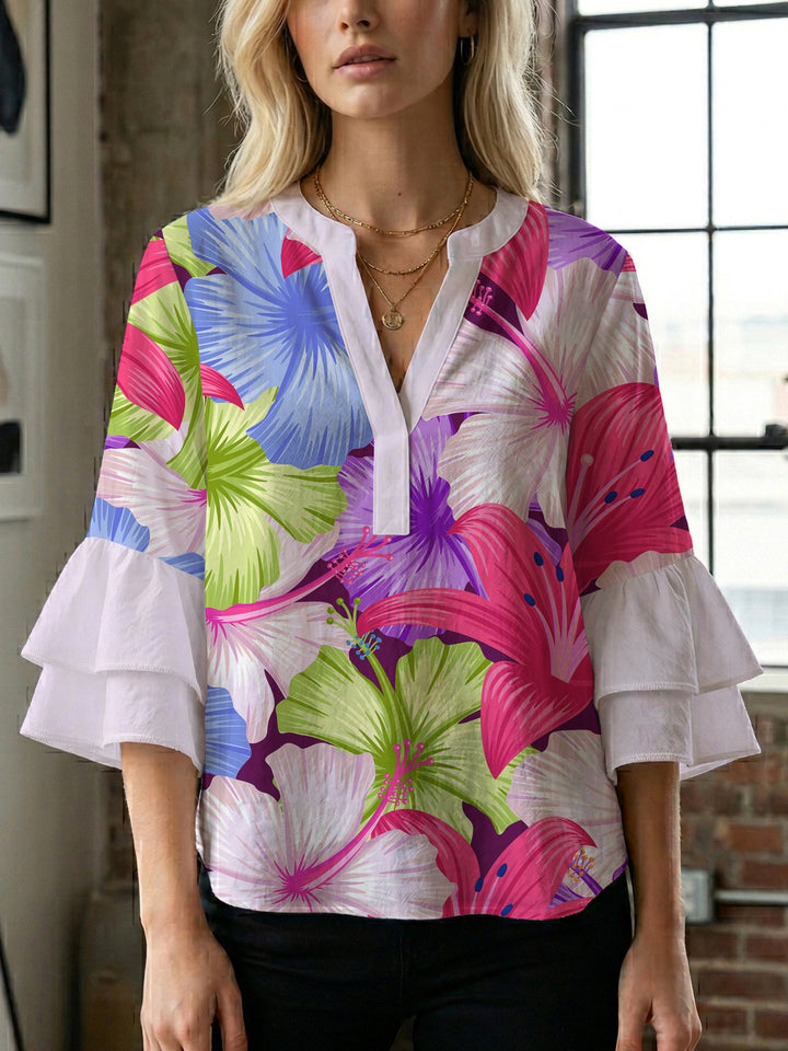 Dame bluse skjorte med voluminøse ermer og blomster mønster Skjora