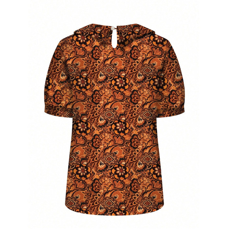 Dame kortermet bluse med florale accenter og klassisk krage Skjora