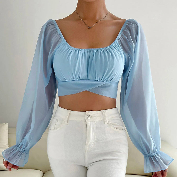 Dame Cropped Bluse med puffede ermer og raffinerte snitt Skjora