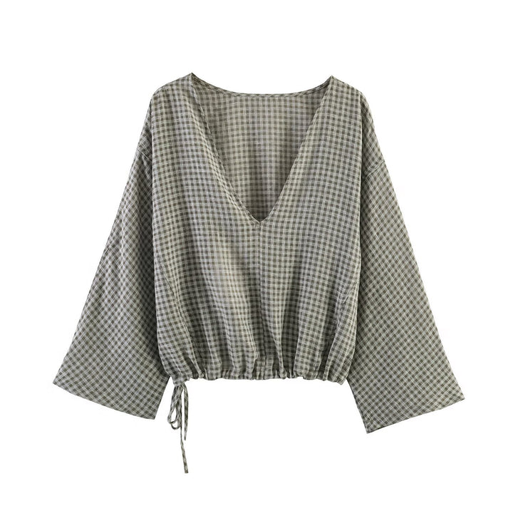 Damer casual bluse med vid V-hals og elastisk kant Skjora