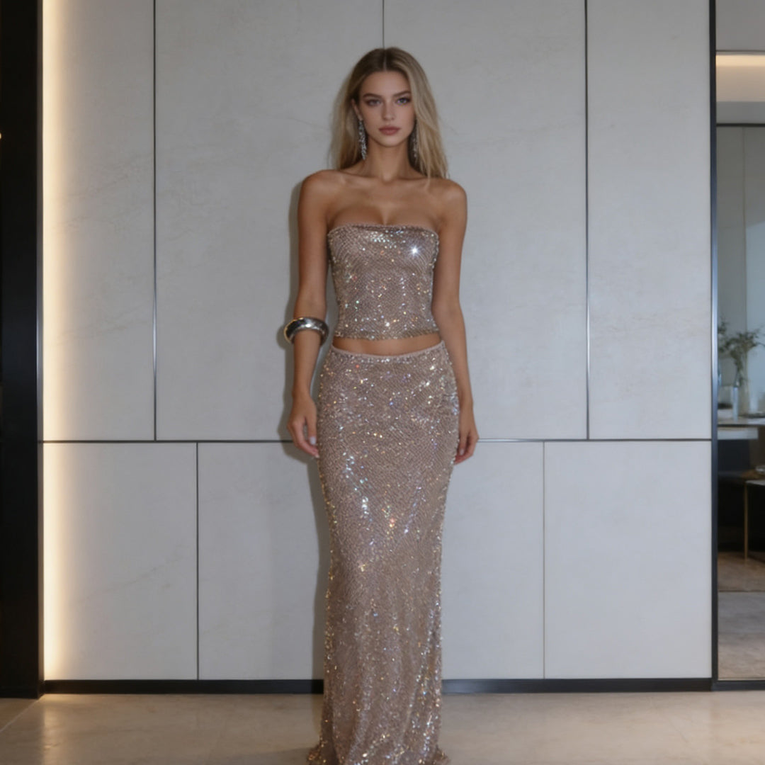Dame Glamourøs Bandeau-kjole med glitrende paljetter Skjora