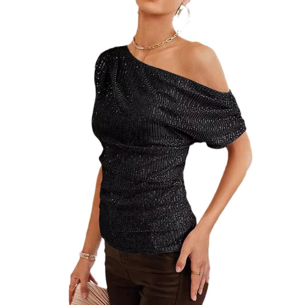 Dame Elegant One-Shoulder overdel med skinnende strikkedesign Skjora