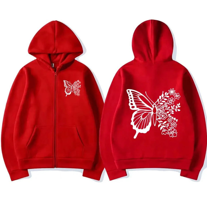 Dame hoodie med blomster sommerfuglmotiv og praktisk kengurulomme Skjora