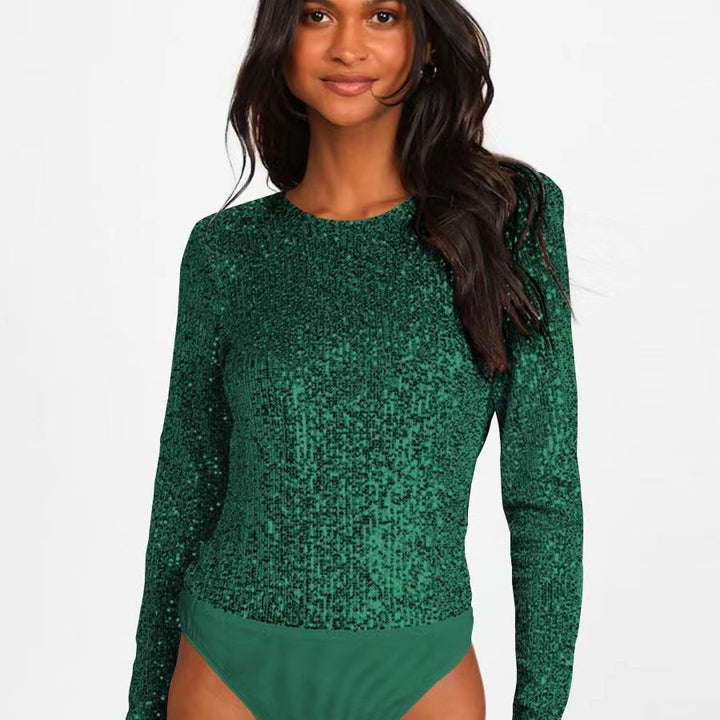 Damer Glitrende Bodysuit med Lange Ermer og Skinnende Topp Materiale Skjora