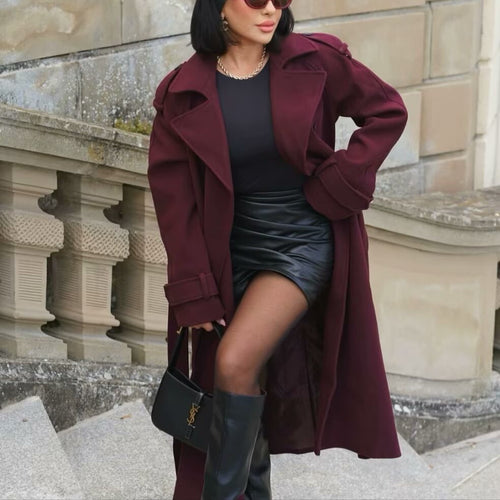 Damer Elegant Trench Coat med Belte og Dobbel Knapplukking Skjora