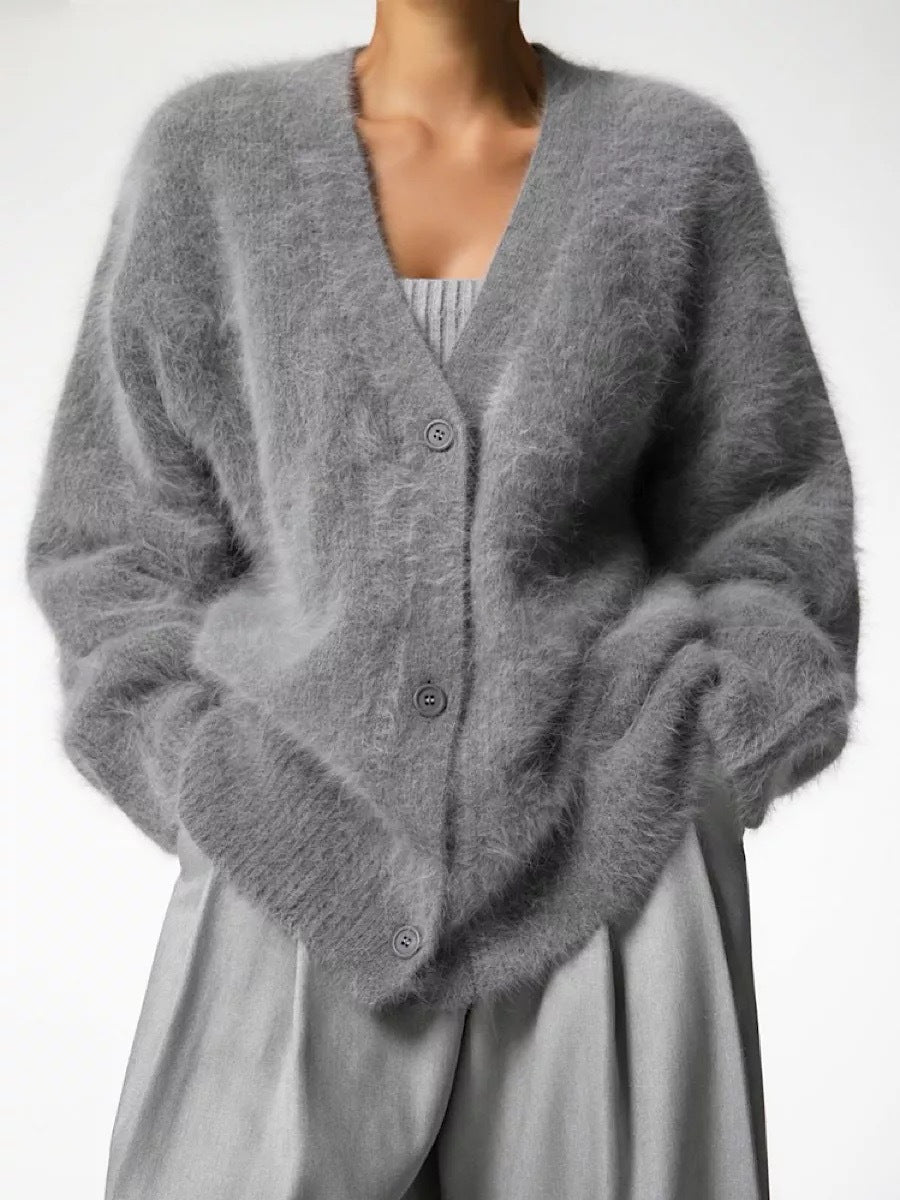 Kvinne Koselig Cardigan med Dyp V-Hals og Oversized Klipp Skjora