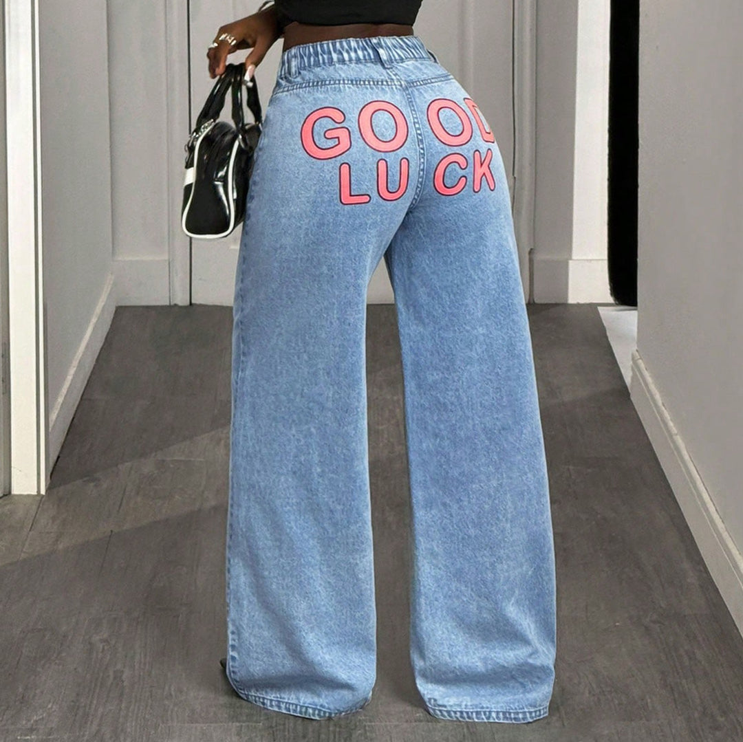 Dame High-Waist Wide-Leg Jeans med statement Print Skjora