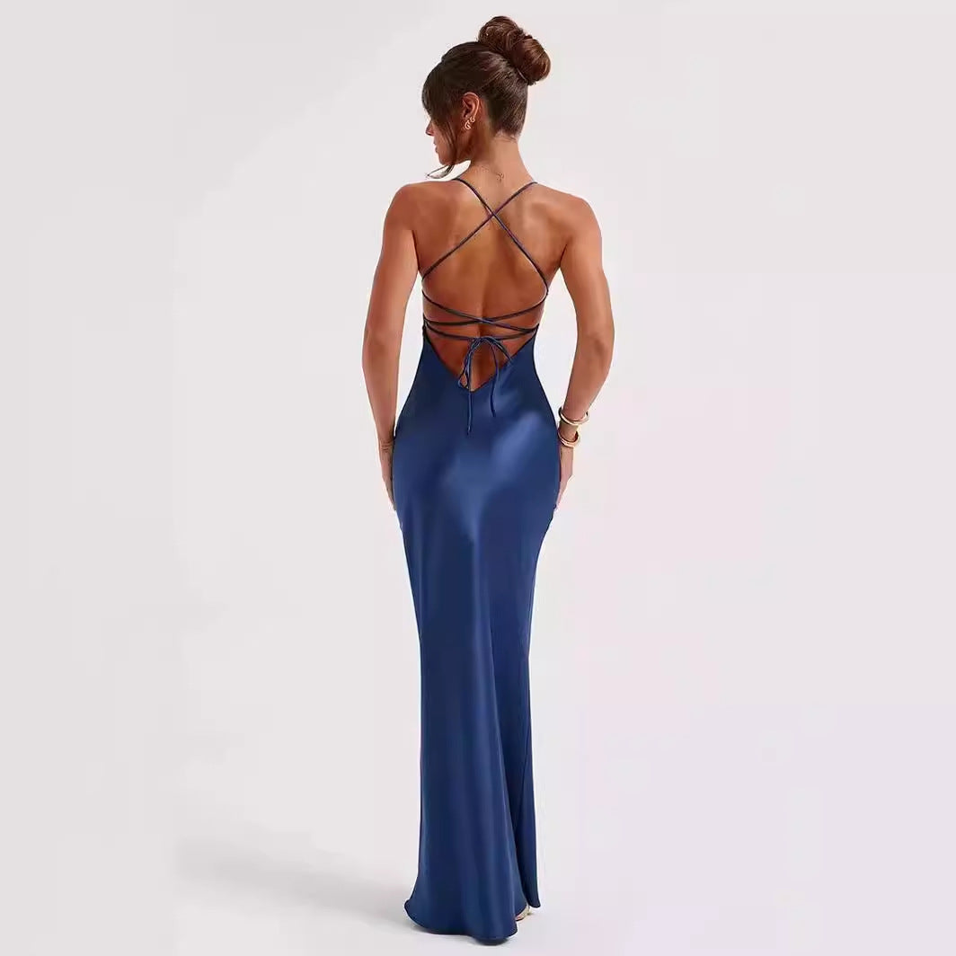 Dame Elegant Satin Maxi Kjole med Dyp V-Hals og Slim Fit