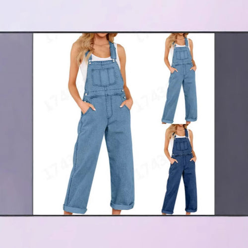 Dame casual denim overalls med praktiske lommer og vide ben Skjora
