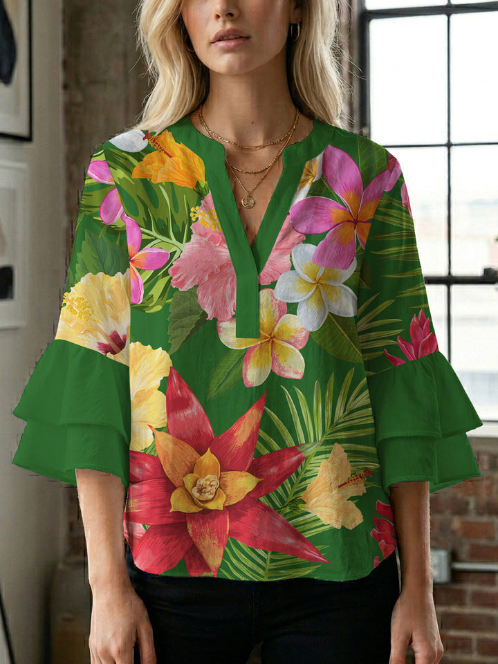 Dame bluse skjorte med voluminøse ermer og blomster mønster Skjora