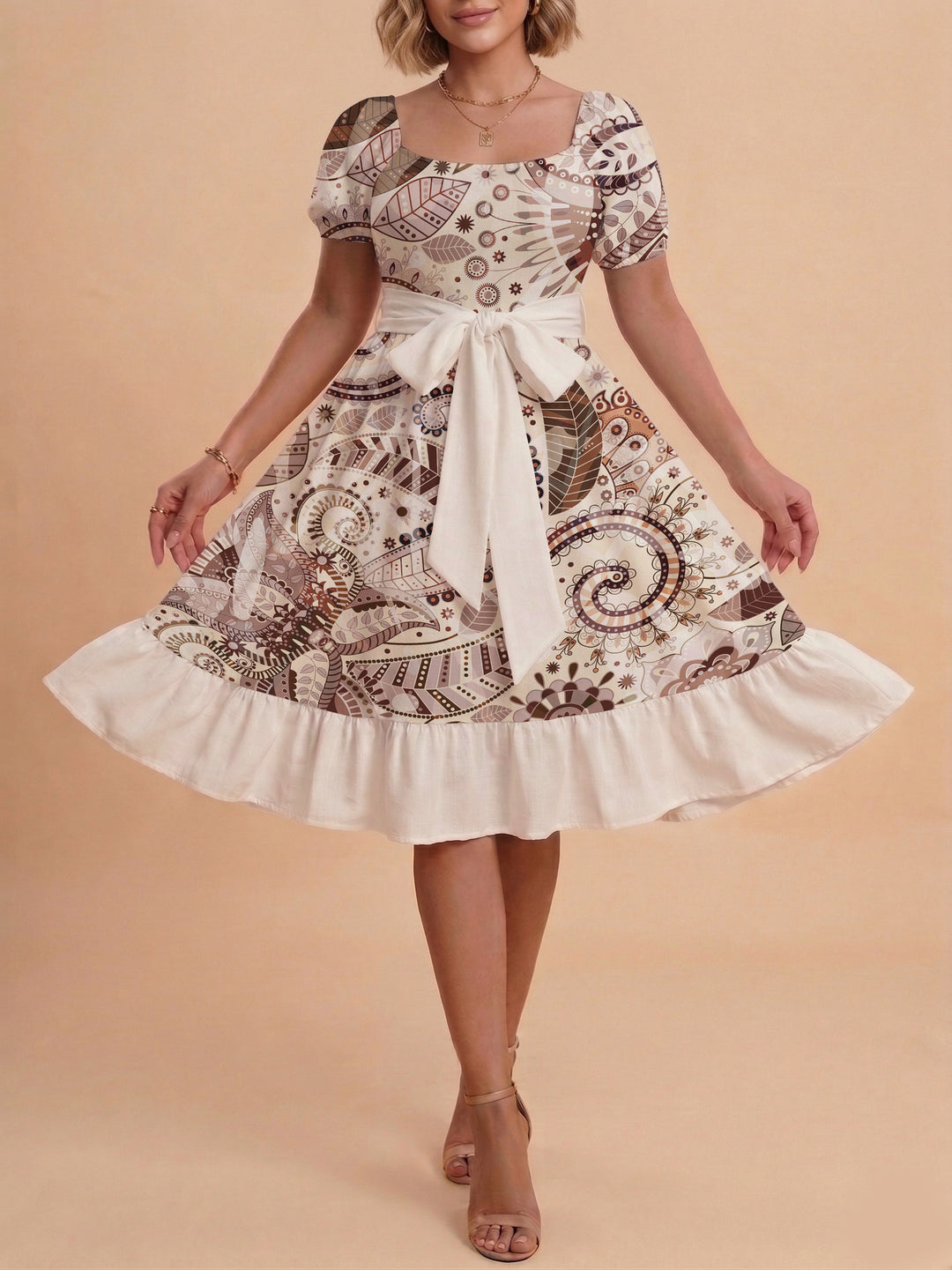 Damen modernes Blumenkleid mit elegantem Taillengürtel und asymmetrischem Saum Skjora