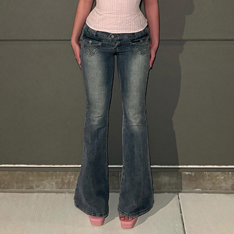 Dame Flared Jeans i klassisk snitt med dekorative lommer Skjora