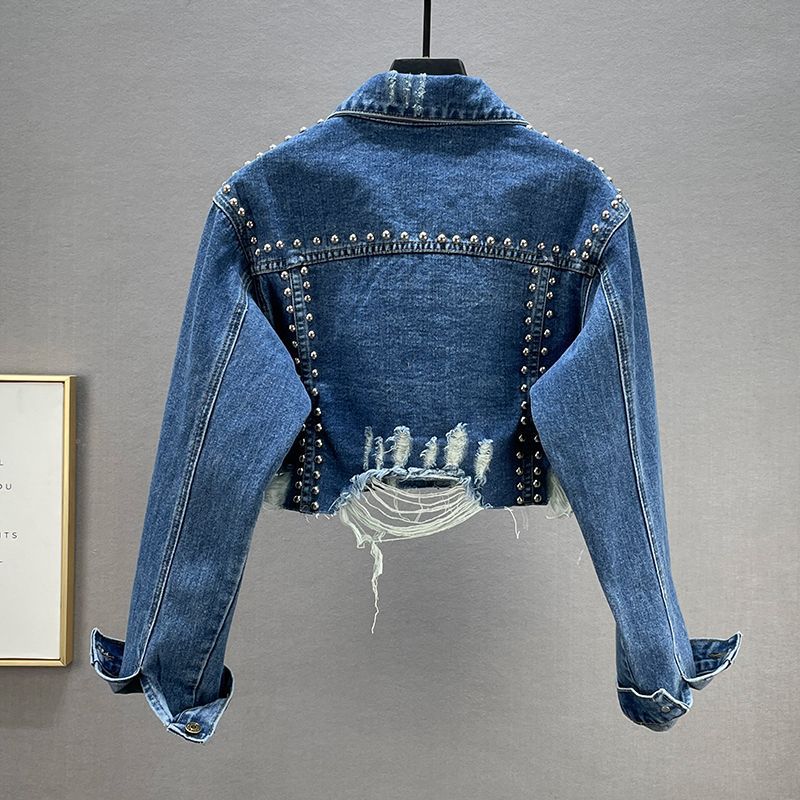 Damer Designer Denim Jakke med Nitter og Frynser Skjora