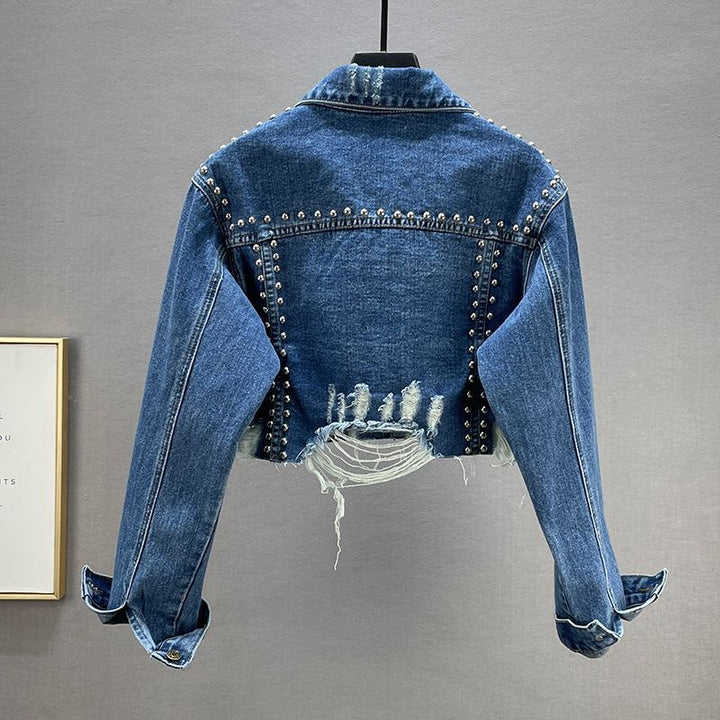 Damer Designer Denim Jakke med Nitter og Frynser Skjora