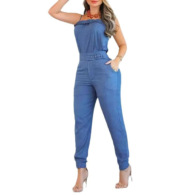 Dame casual jumpsuit med volangdetaljer og justerbart midjebånd Skjora