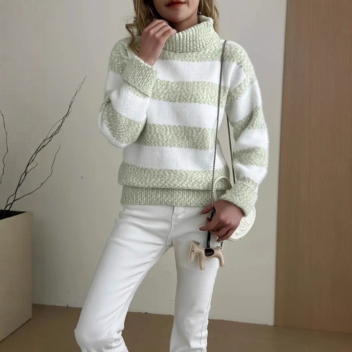Dame Cozy Genser med Høy Krage og Stripet Design Skjora