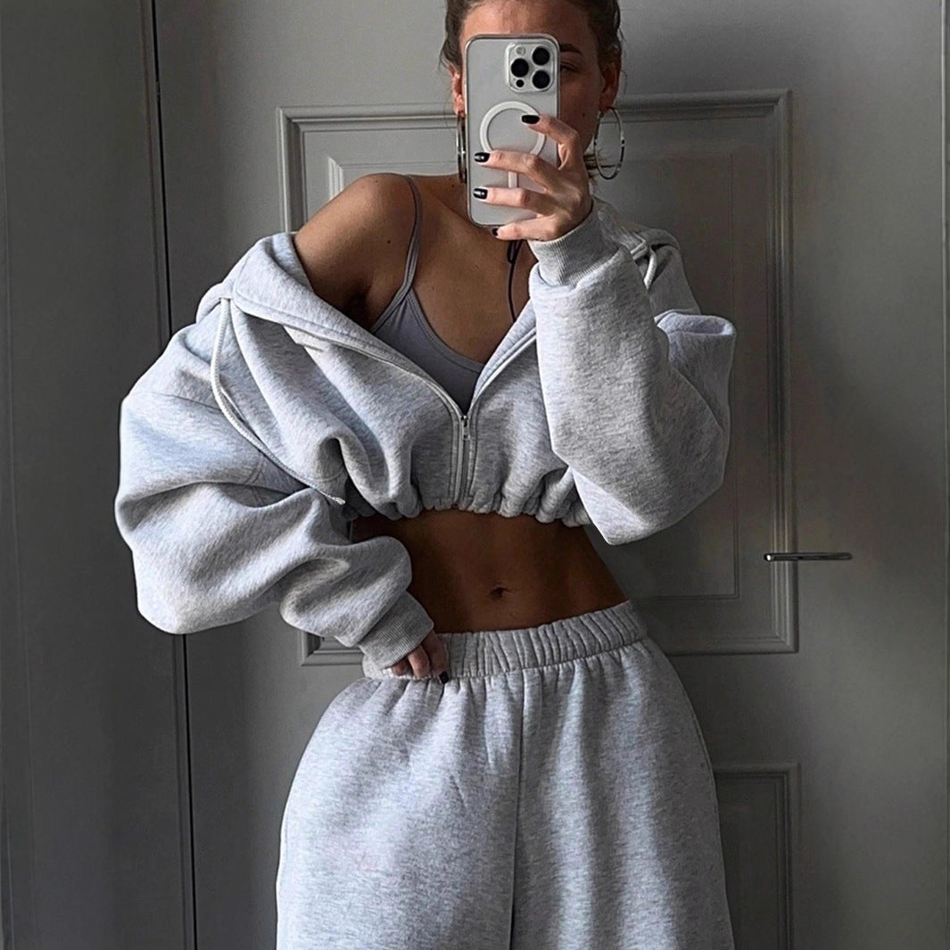 Kvinne cropped fleece hettegenser og casual joggebukse sett Skjora