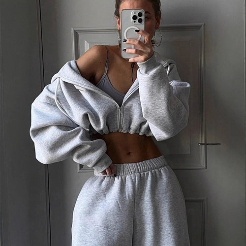 Kvinne cropped fleece hettegenser og casual joggebukse sett Skjora