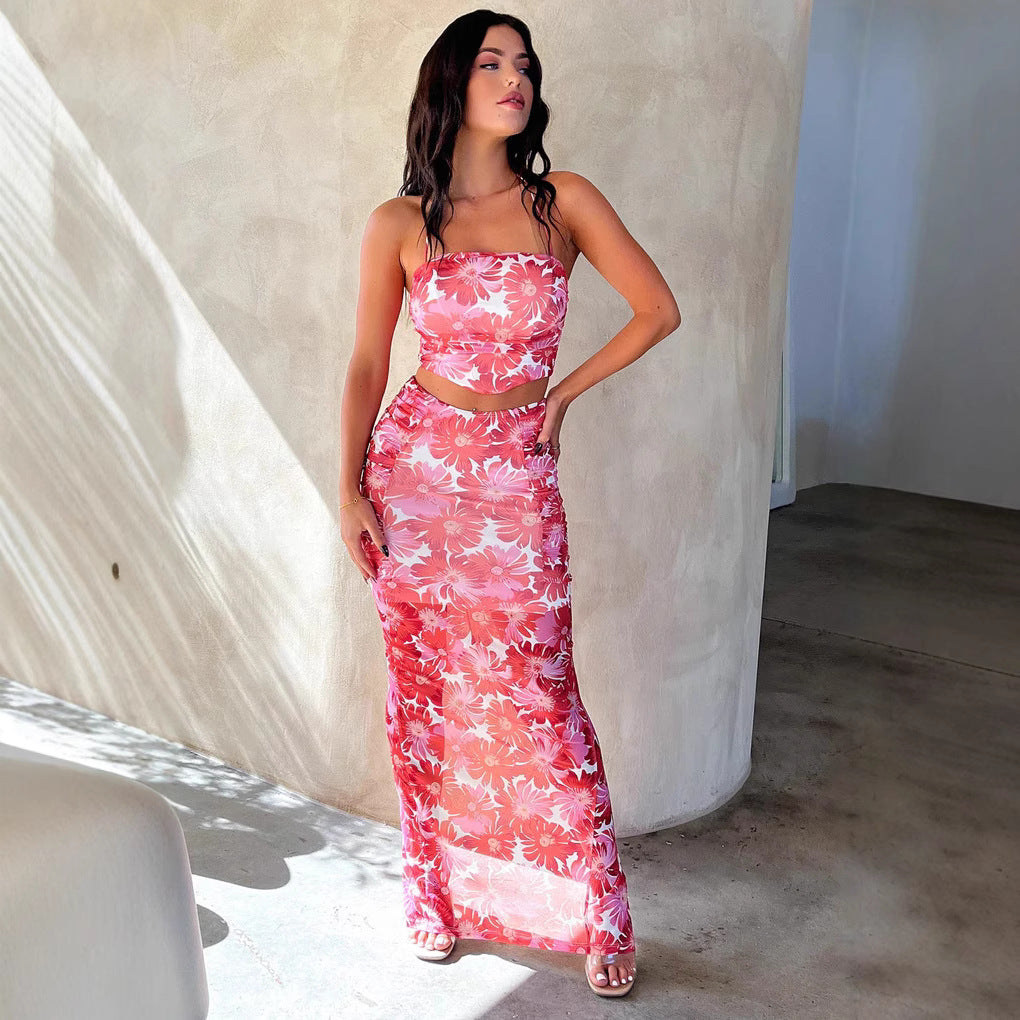Damen Elegantes Crop-Top und Maxirock-Set mit floralem Design Skjora
