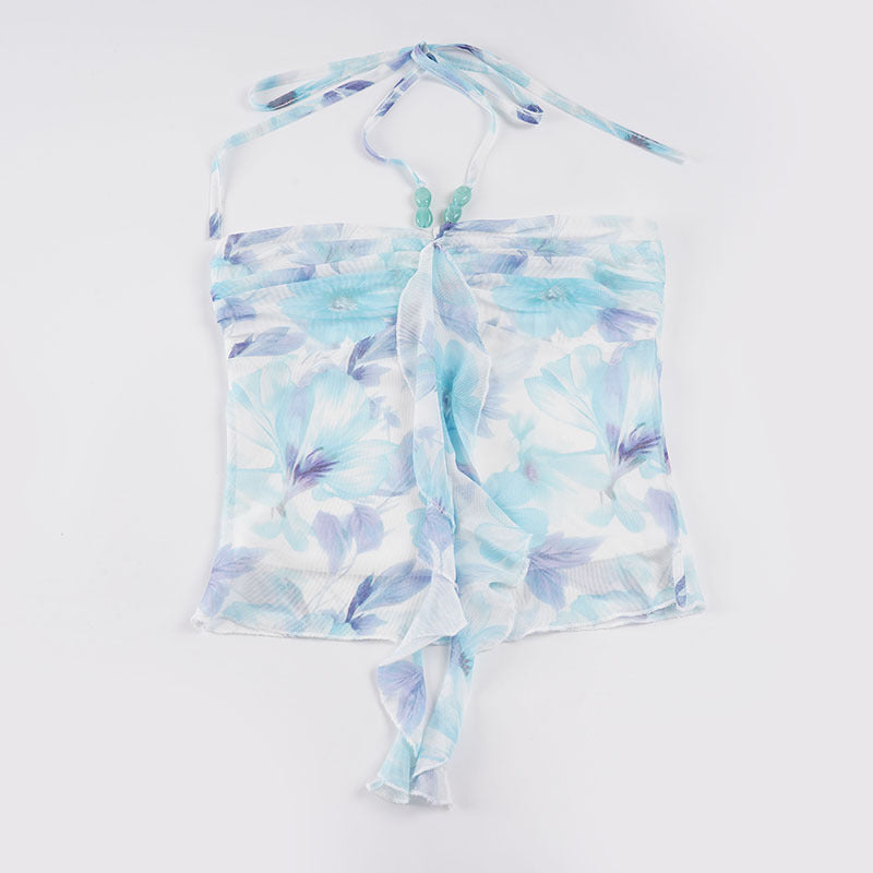 Dame Halsbånd-bluse med blomstermønster og raffinert krøllkant Skjora