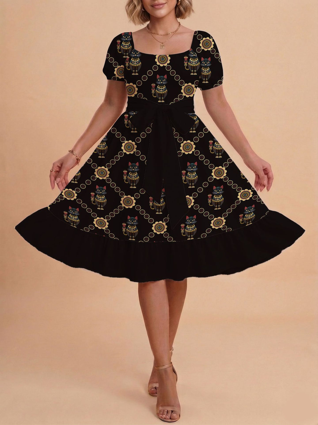 Damen Retro Maxikleid mit Puffärmeln und Taillengürtel Skjora