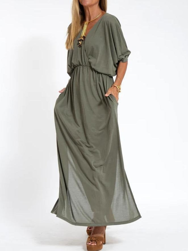 Kvinne elegant maxi kjole med sidesplit og fleksibel midje Skjora