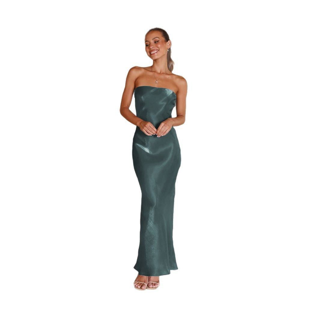 Damer Elegant Bandeau Maxi Kjole med Flytende Satin og Kroppsnær Silhuett