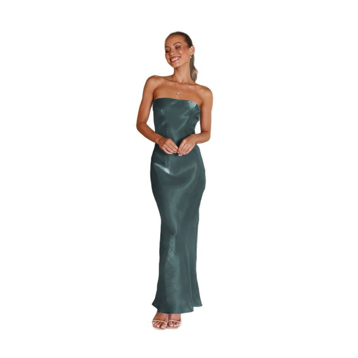 Damer Elegant Bandeau Maxi Kjole med Flytende Satin og Kroppsnær Silhuett