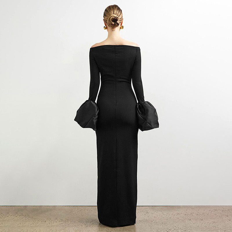 Damer Elegant Langermet Maxi-kjole med Off-Shoulder Utringning og Volangdetaljer Skjora