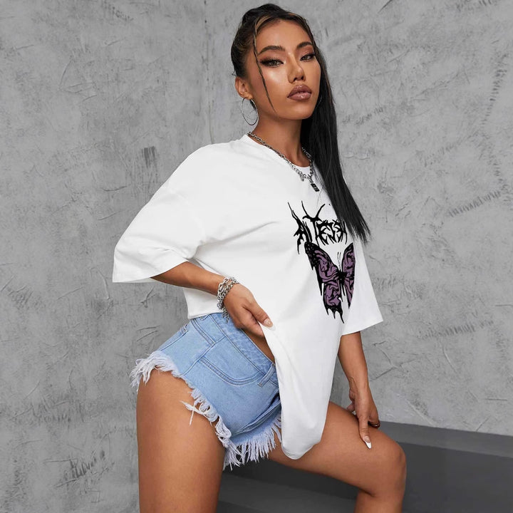 Dame oversized T-skjorte med kreativ sommerfugl-design Skjora