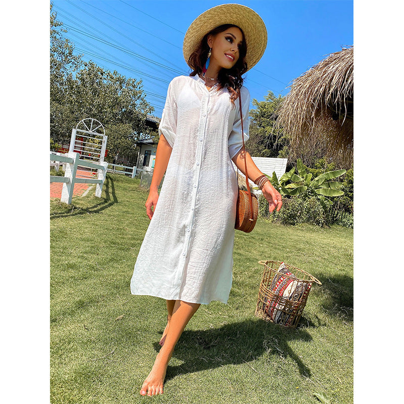 Damen lässiges Sommerkleid mit durchgehender Knopfleiste und seitlichen Taschen Skjora