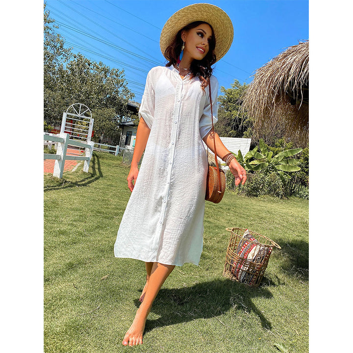 Damen lässiges Sommerkleid mit durchgehender Knopfleiste und seitlichen Taschen Skjora