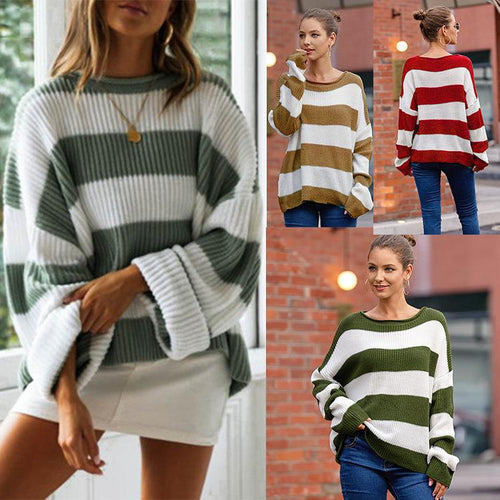 Kvinnes komfortable strikkegenser med moderne stripe mønster og bred passform Skjora