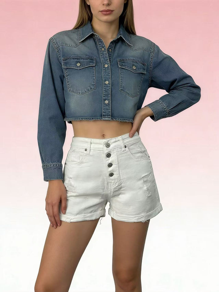 Dame cropped denim-jakke med to lommer Skjora