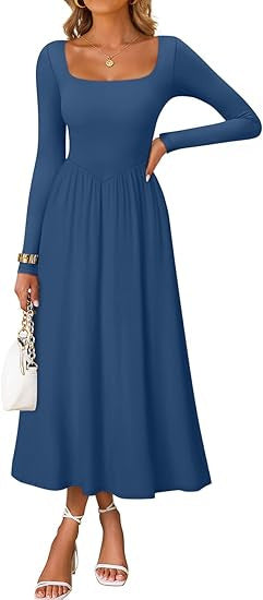 Women's elegant midi dress with square neckline and long sleeves Skjora