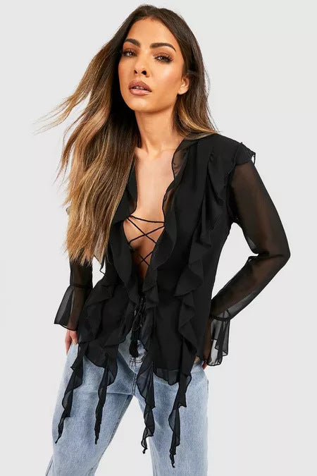 Dame Rysjeskjorte med elegante snurredetaljer og transparente ermer Skjora