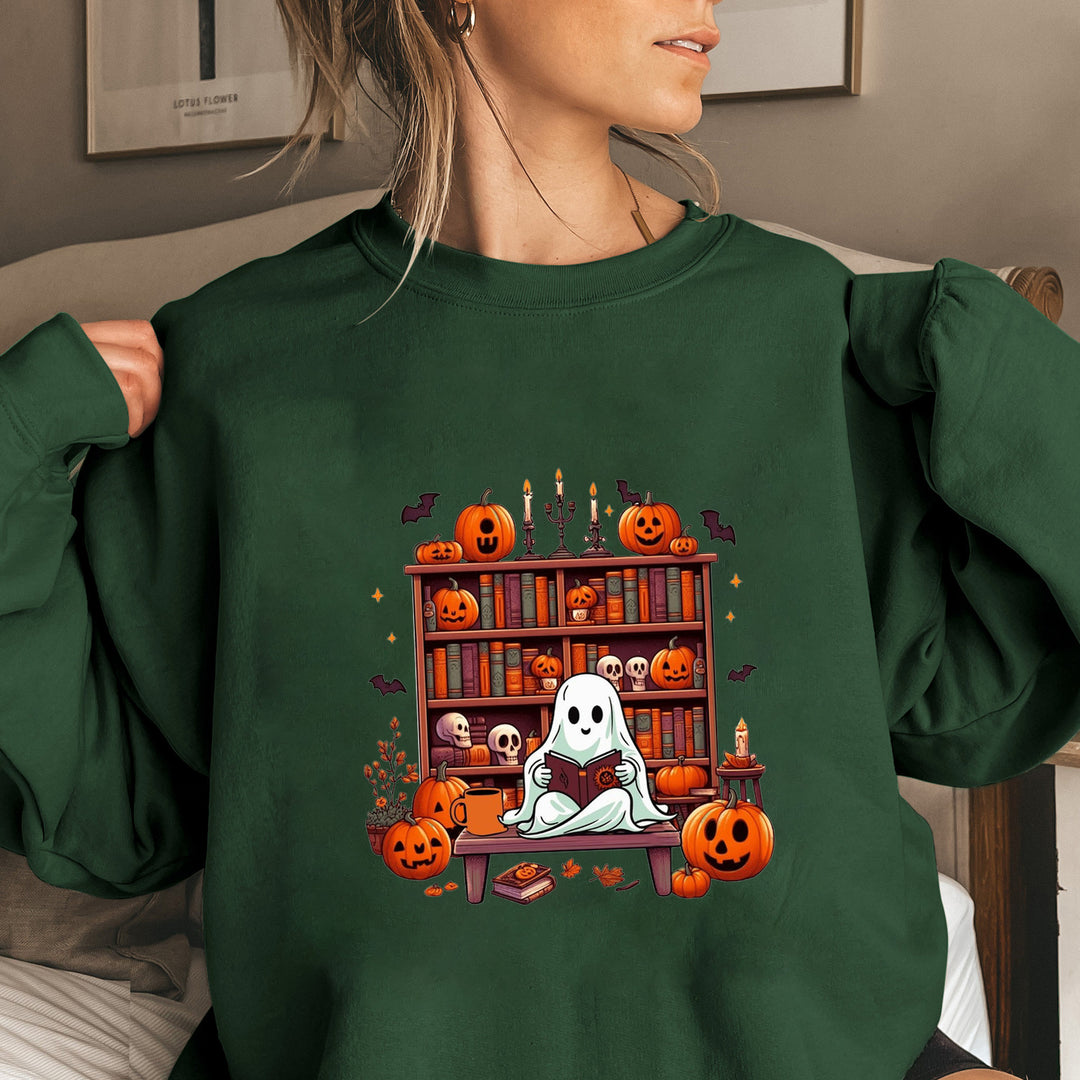 Dame sweatshirt med høstlig skremmende motiv og avslappede puffermarmer Skjora