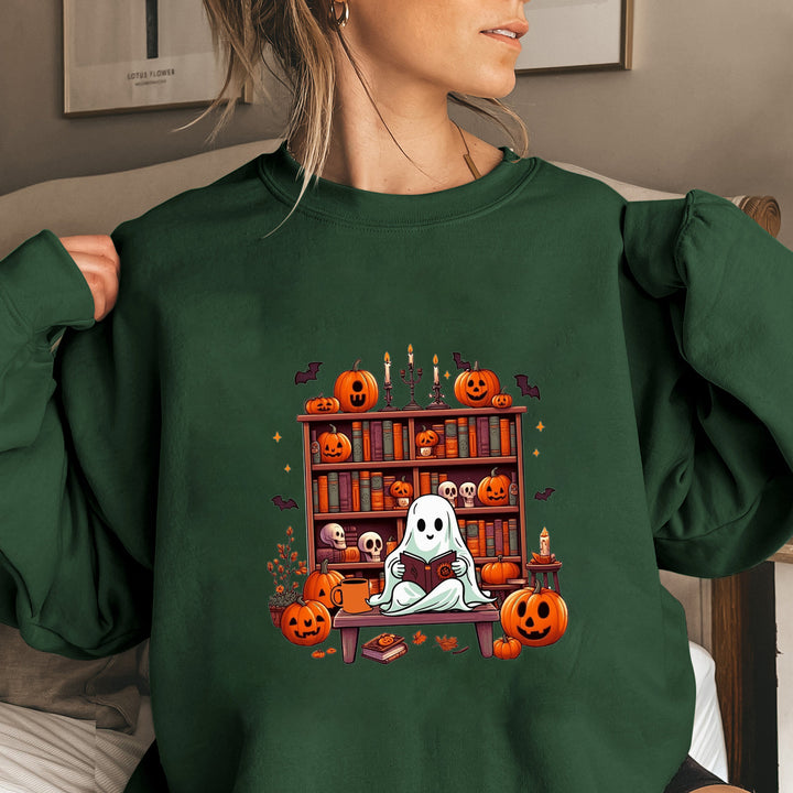 Dame sweatshirt med høstlig skremmende motiv og avslappede puffermarmer Skjora