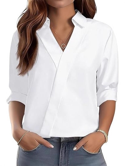Kvinnes elegant V-hals bluse med teksturert design Skjora