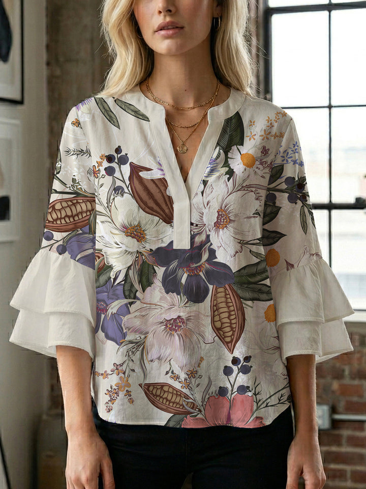 Damer Elegant topp med voluminøse rynkete ermer og blomstertrykk Skjora