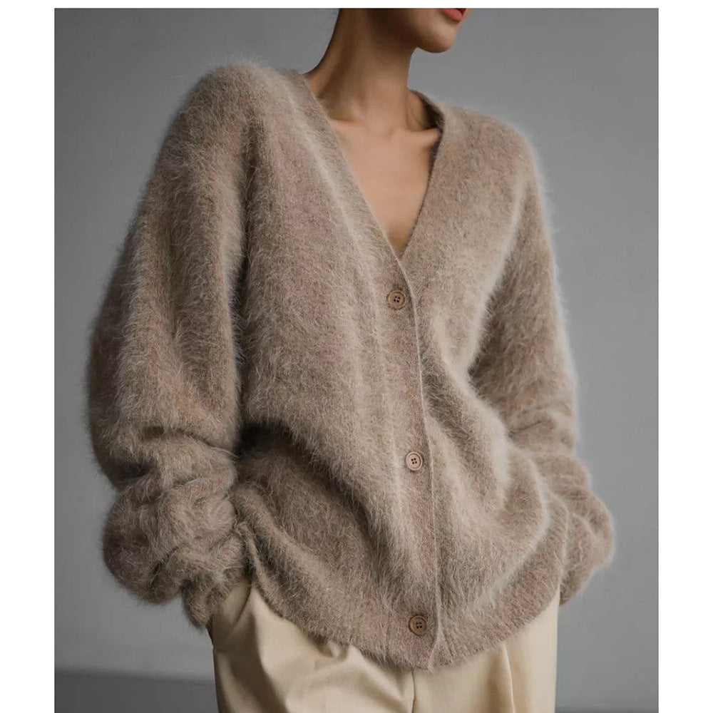 Kvinne Koselig Cardigan med Dyp V-Hals og Oversized Klipp Skjora