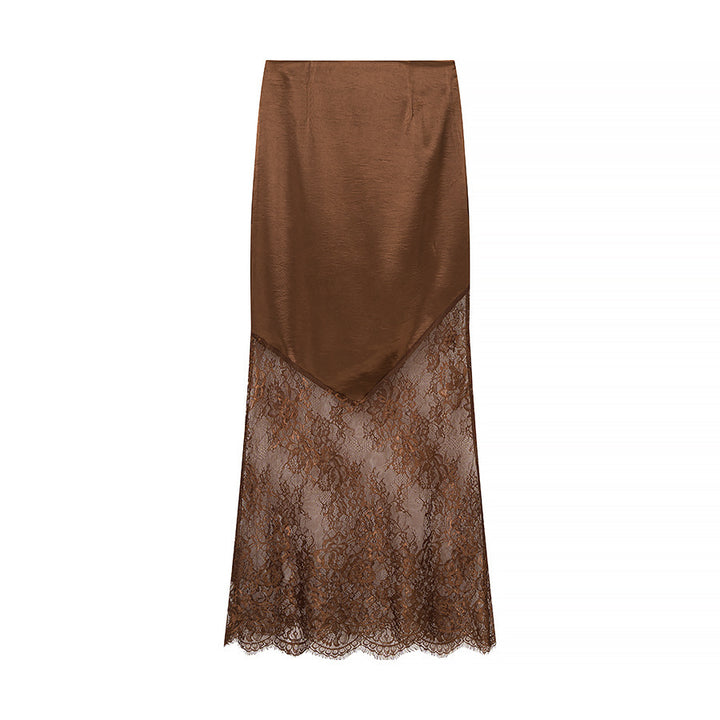 Kvinnens elegante maxi skjørt med transparent blonder og stilfull sateng topp Skjora