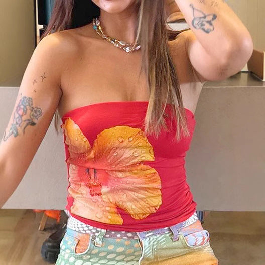 Dame bandeau-top med stilfull blomstertrykk og elastisk linning Skjora
