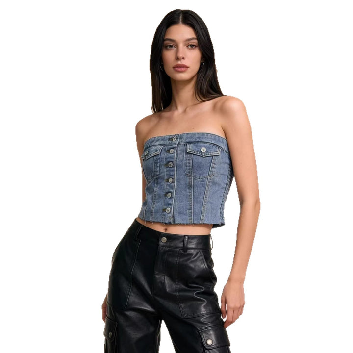 Dame Denim Bustier-Topp med knappdetalj og frynser Skjora