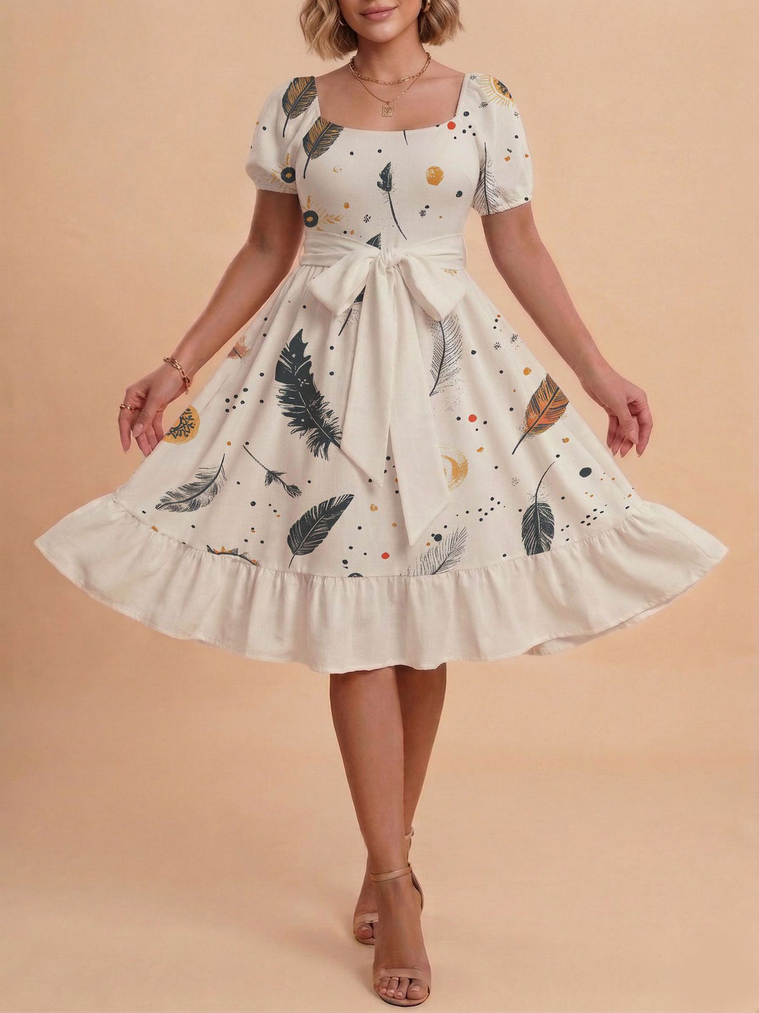 Damen Midikleid mit verspieltem Druck und tailliertem Schnitt Skjora