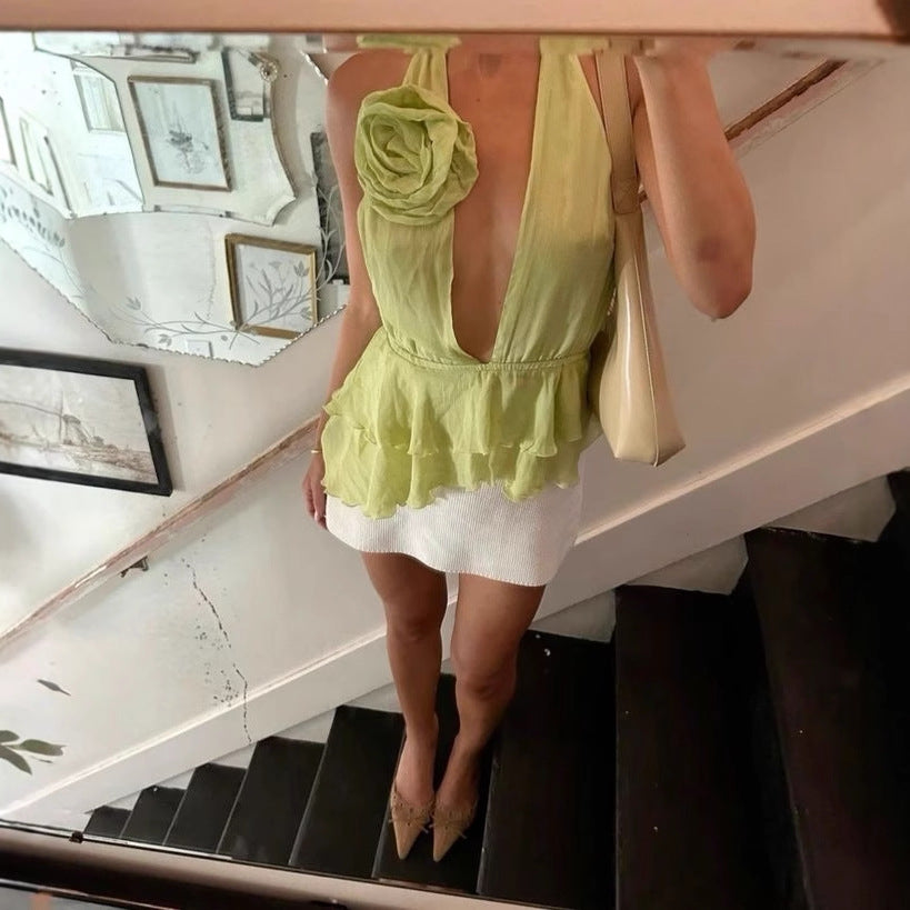 Damer Elegant overdel med blomsterapplikasjon og dyp V-hals Skjora