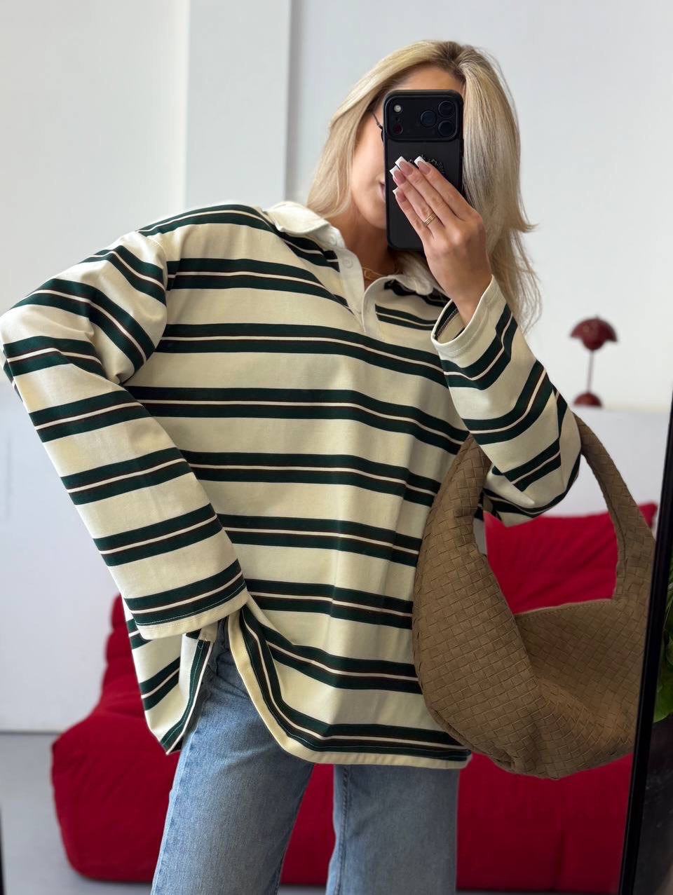 Kvinnestripet blusegenser med klassisk krage Skjora