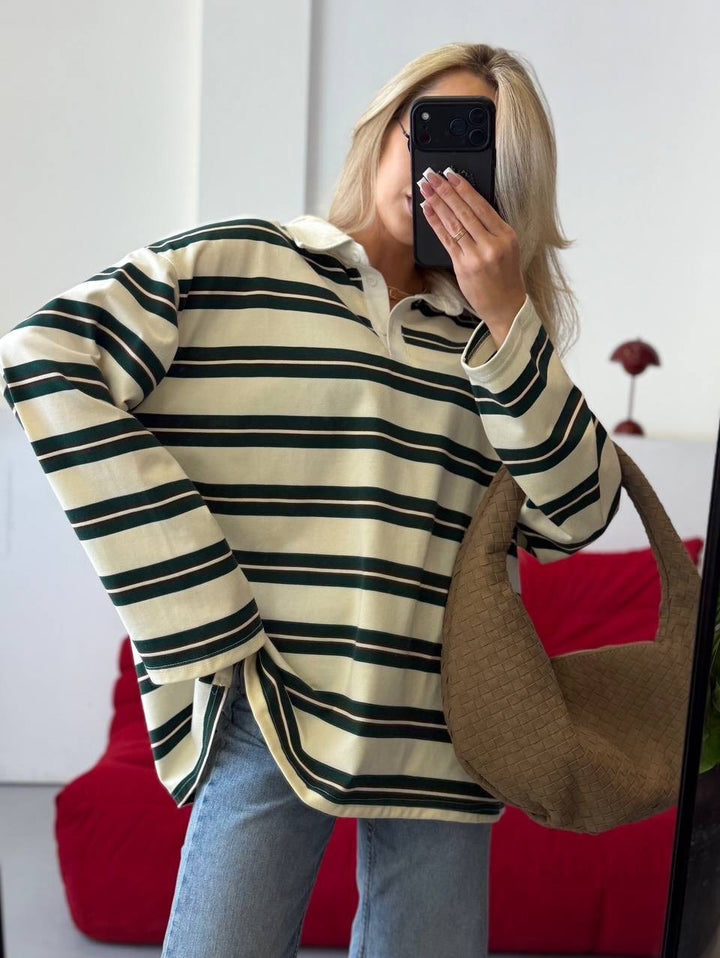 Kvinnestripet blusegenser med klassisk krage Skjora