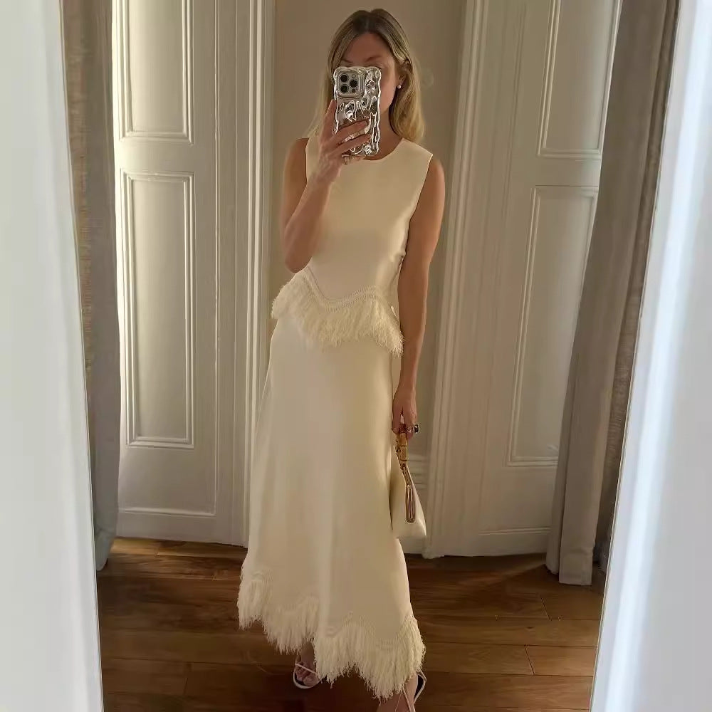 Dame Elegant Maxikjole med frynsebesetning og fin kant Skjora